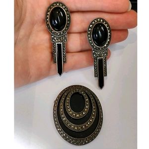 Art Deco Judith Jack sterling and onyx earring brooch set